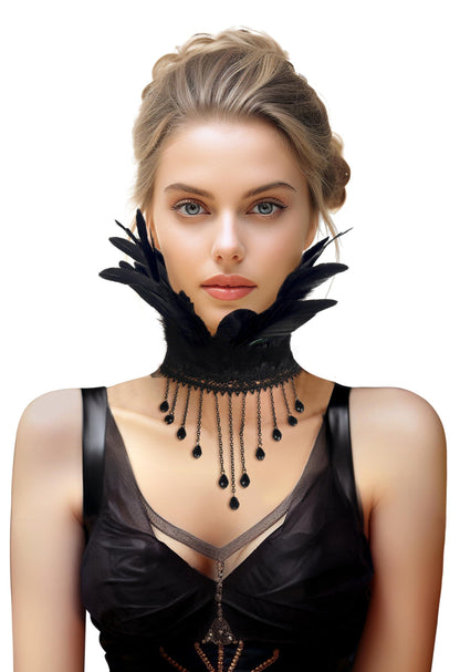 HOMELEX Gothic Victorian Black Natural Feather Collar Choker Halloween Shawl Cape - HOMELEX