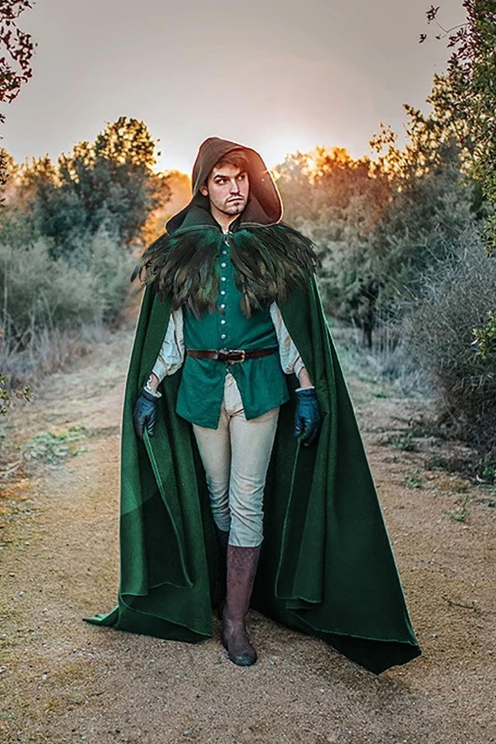 HOMELEX Unisex Solid Velvet Adult Full Length Hooded Robe Cape with Classic Gothic Feather Cloak Suit - HOMELEX