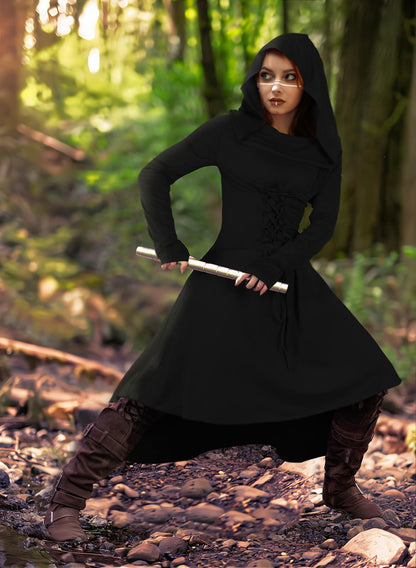 HOMELEX Renaissance Dress with Hood for Women - Medieval Ren Fair Hooded Cloak Halloween Robes Costume Black - HOMELEX