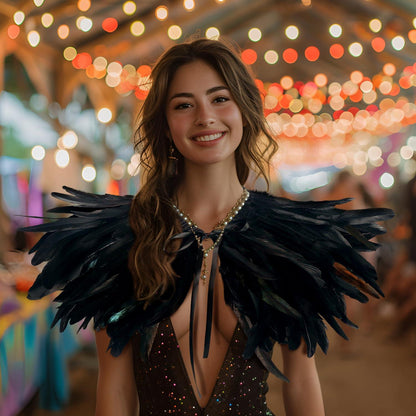 HOMELEX Black Witch Feather Collar Crow Shawl Costume Halloween Swan Wings Accessories Cape for Women - HOMELEX