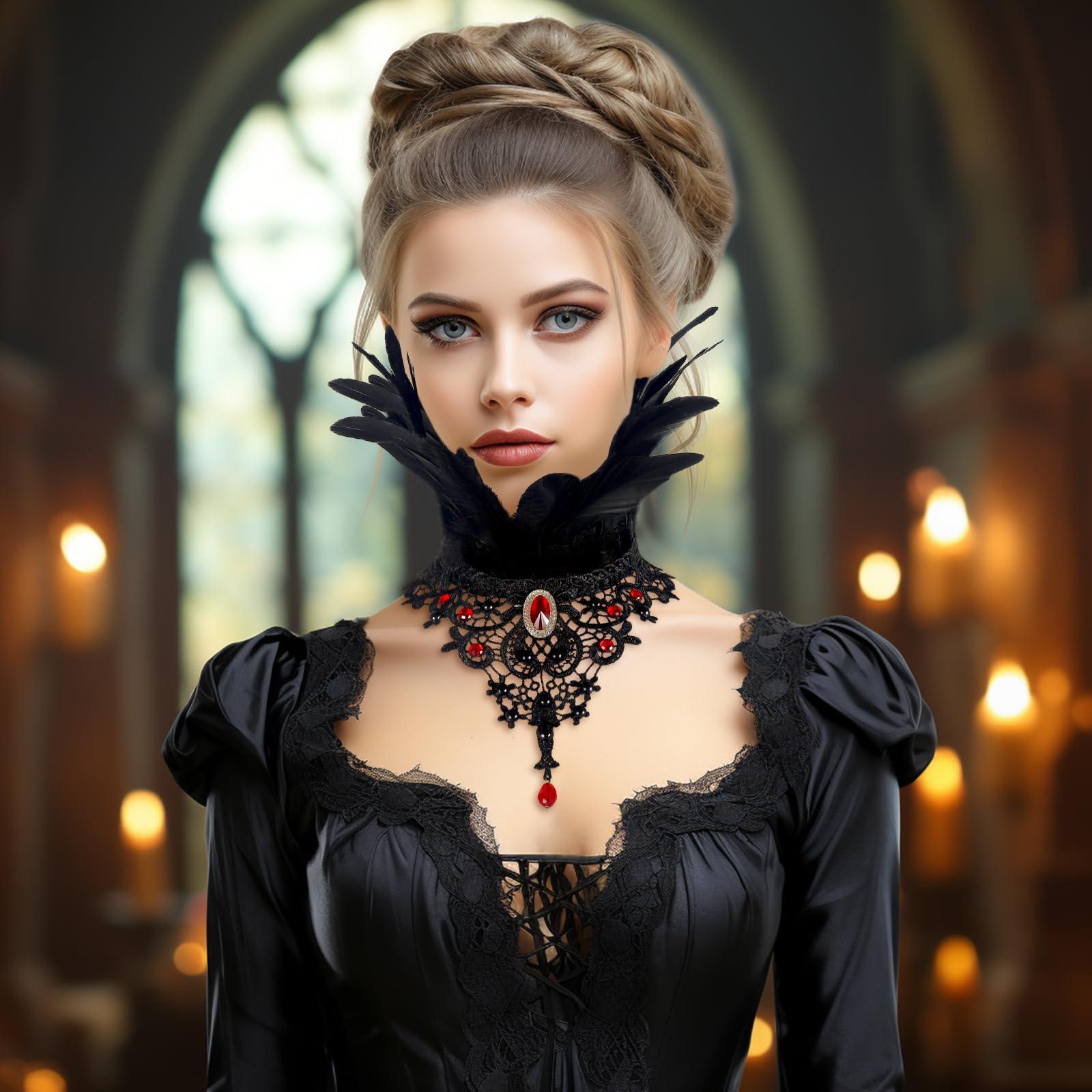 HOMELEX Gothic Victorian Black Natural Feather Collar Choker Halloween Shawl Cape - HOMELEX
