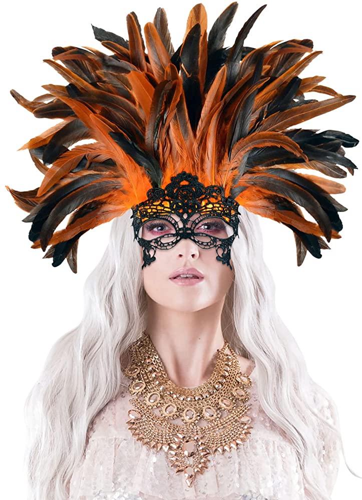 Carnival headdress with feathers and a mask