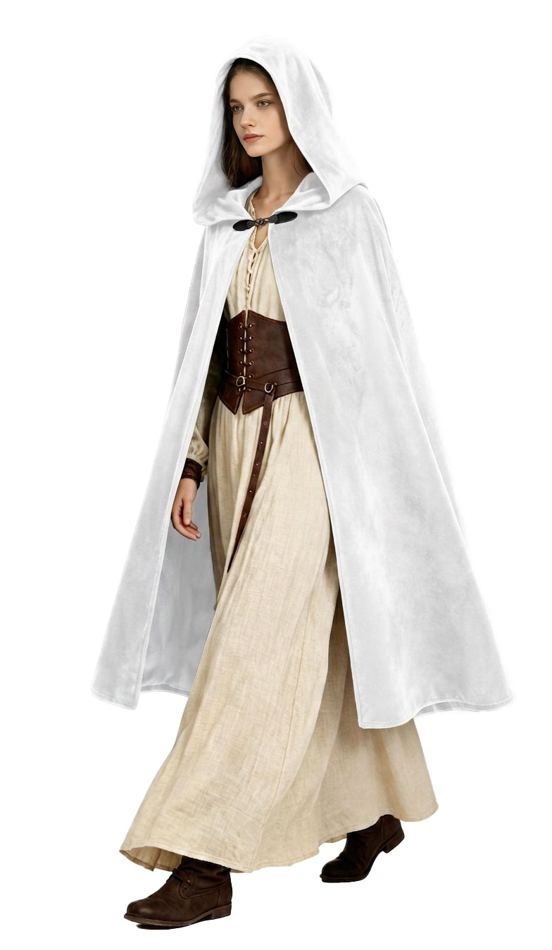 White hooded cloak with front clasp worn over a cream medieval dress, front view on white