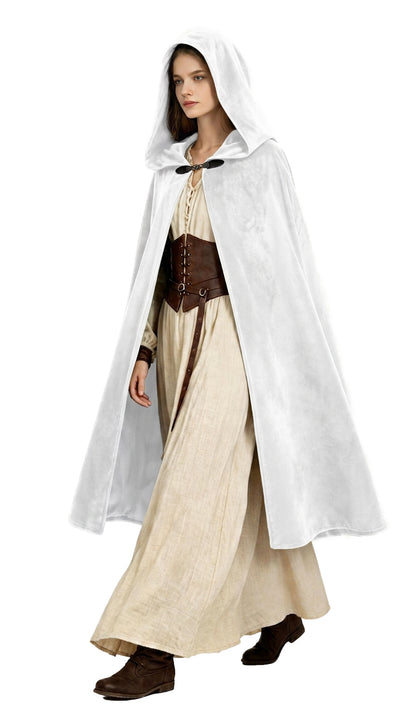 White hooded cloak with front clasp worn over a cream medieval dress, front view on white