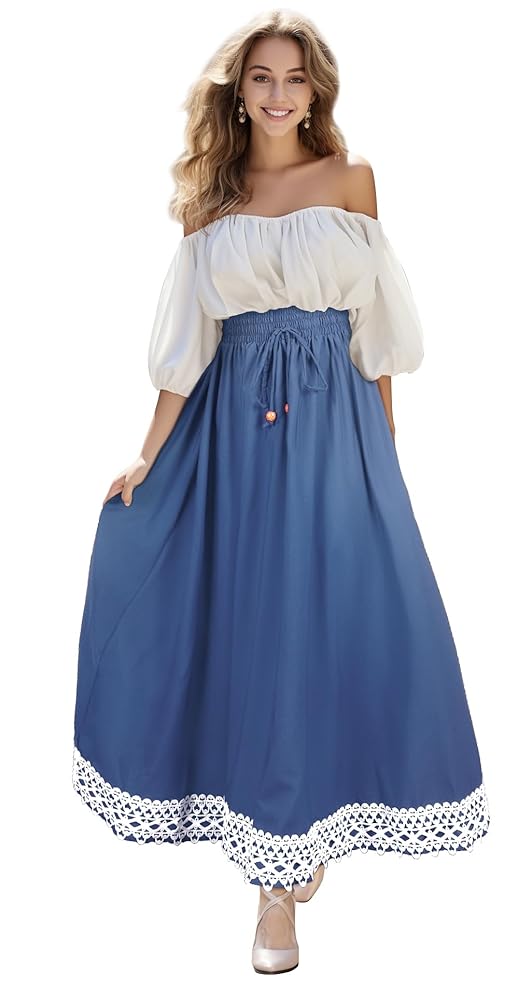Long blue A-line maxi skirt with lace