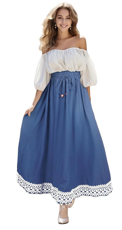 Long blue A-line maxi skirt with lace