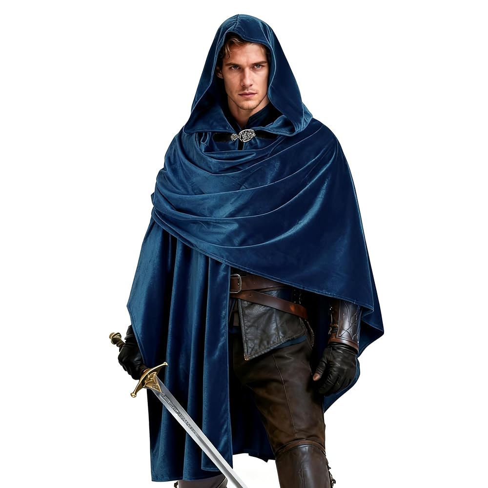 Dark Blue Medieval Hooded Costume Cloak