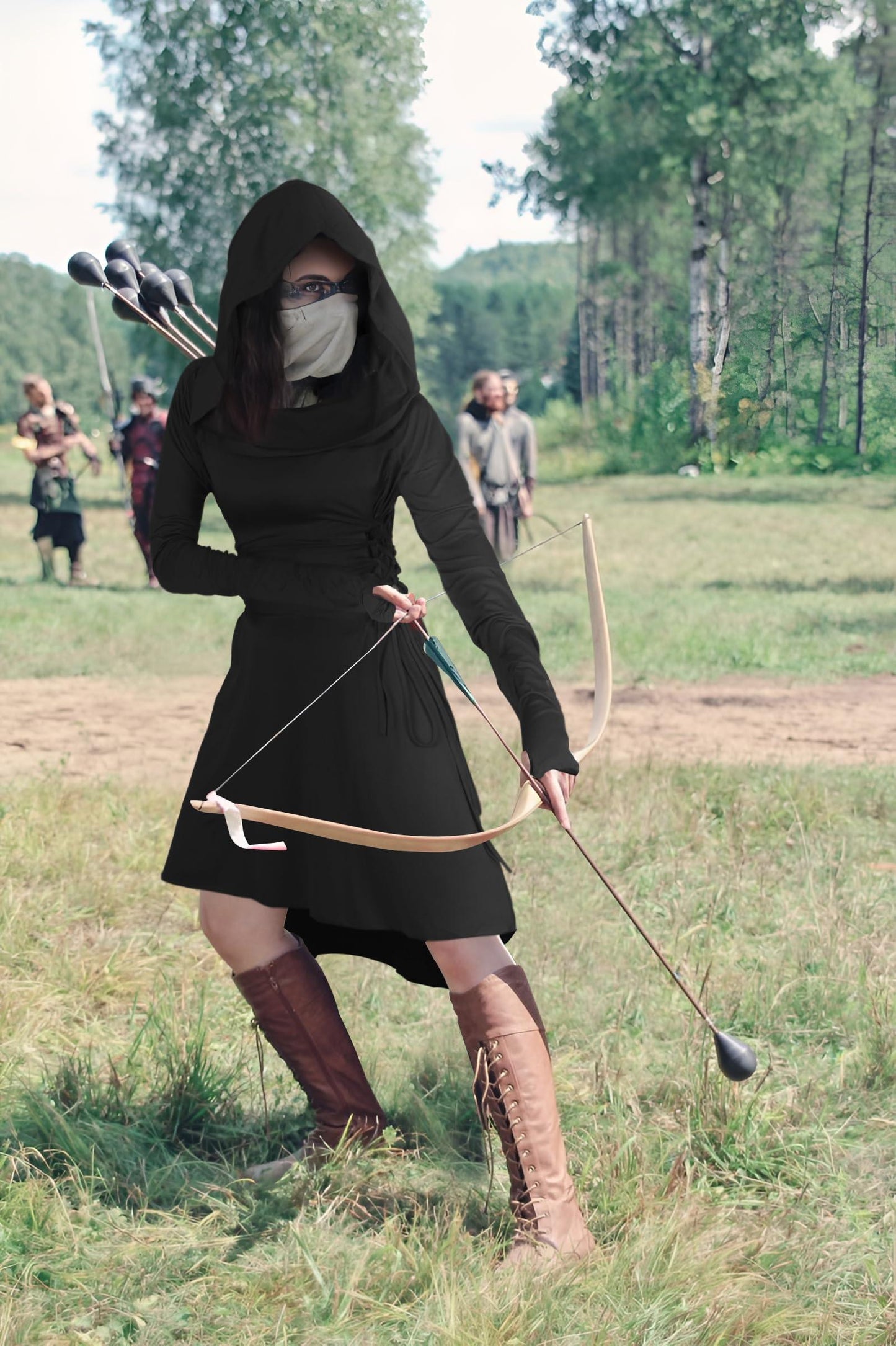 HOMELEX Renaissance Dress with Hood for Women - Medieval Ren Fair Hooded Cloak Halloween Robes Costume Black - HOMELEX