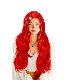 HOMELEX Red Mermaid Wave Wig with Curly Starfish Clips - Women's Halloween Hair Costume