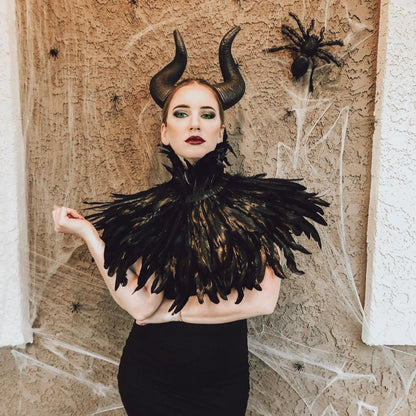 HOMELEX Evil Queen Feather Horns Costume for Women Black Cape Halloween Headpiece Shawl Accessories