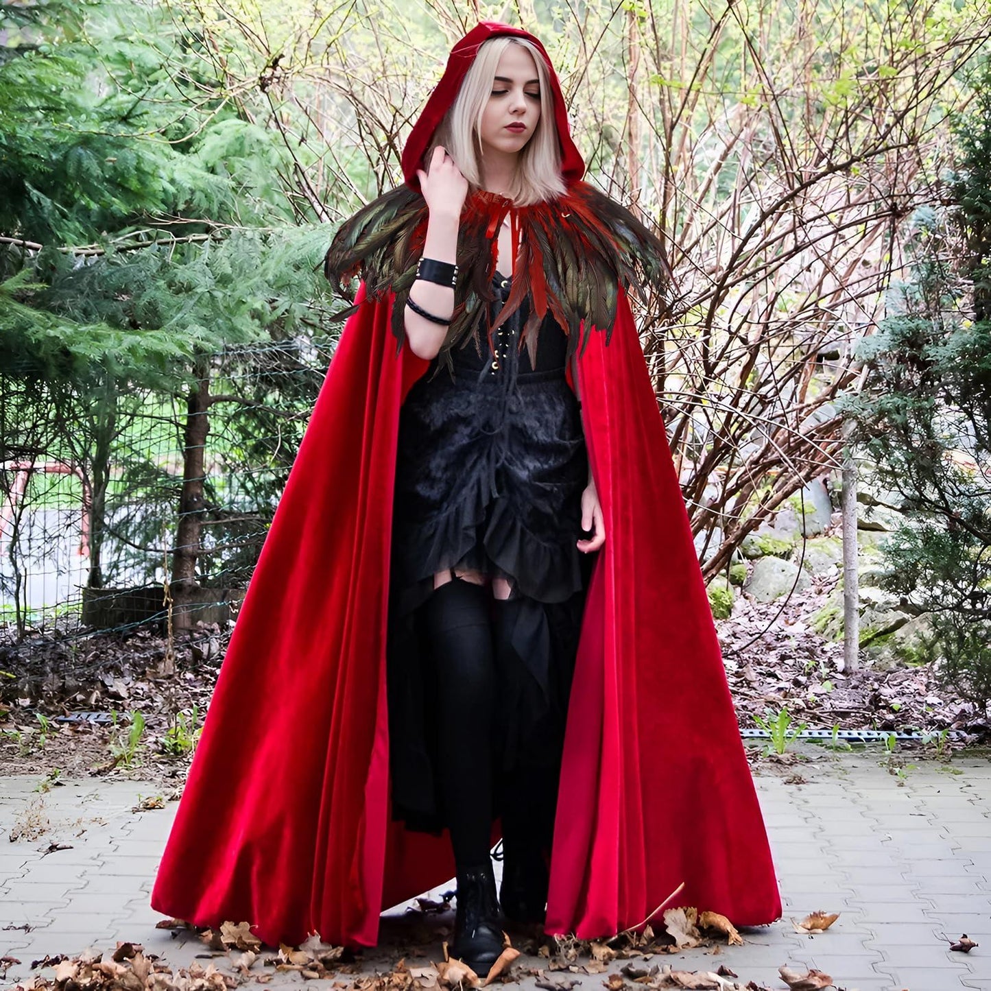 HOMELEX Unisex Solid Velvet Adult Full Length Hooded Robe Cape with Classic Gothic Feather Cloak Suit - HOMELEX