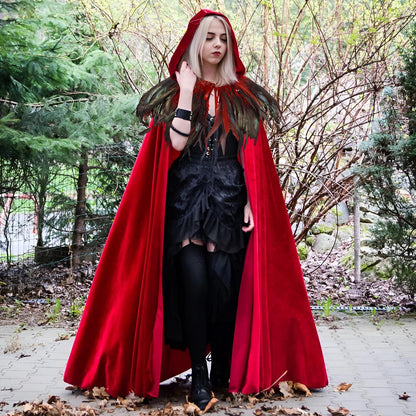 HOMELEX Unisex Solid Velvet Adult Full Length Hooded Robe Cape with Classic Gothic Feather Cloak Suit - HOMELEX