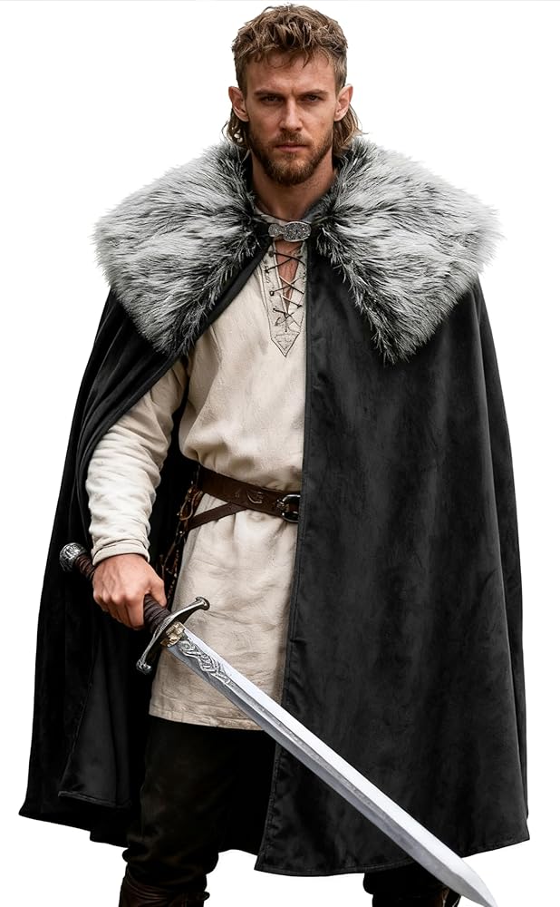 Black Costume Cloak with Faux Fur Collar