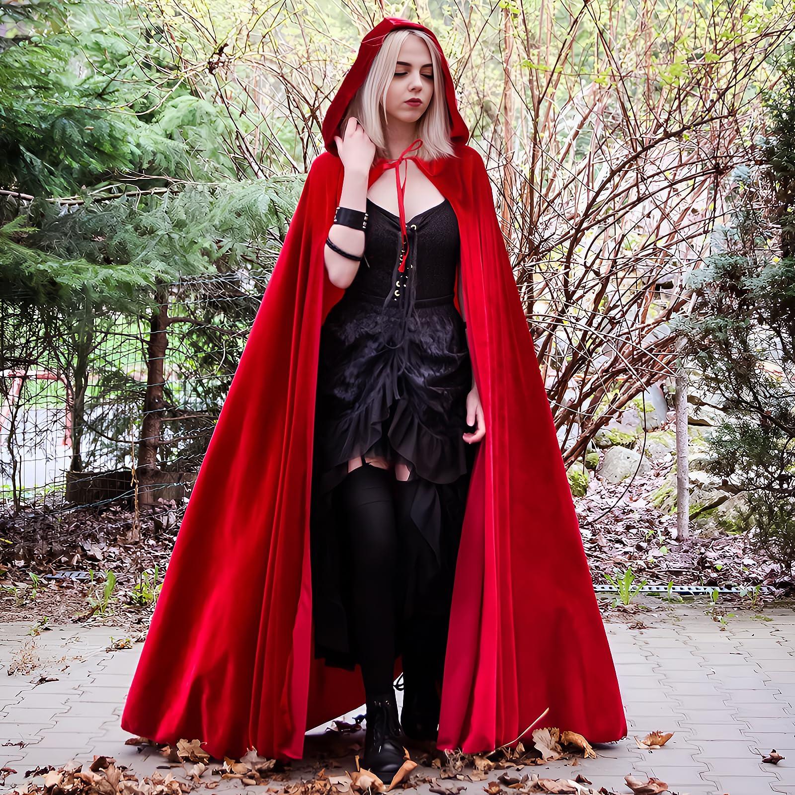 HOMELEX Black Witch Velvet Cloak Halloween Hooded Cape Queen King Robe Outfit Renaissance Medieval Costume - HOMELEX