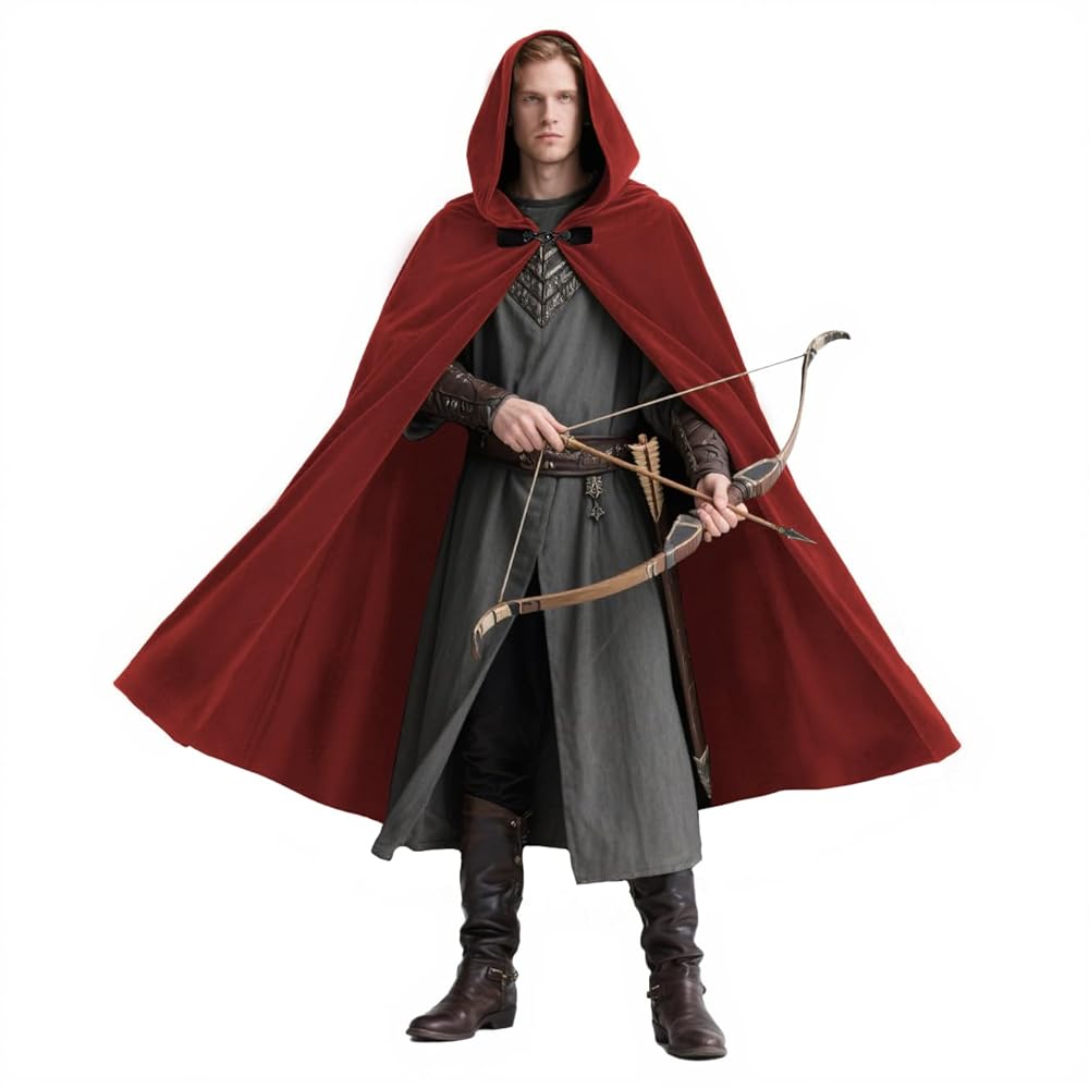 Medieval Hooded Cape with Oversized Hood, Burgundy Velvet-Like Flowing Cloak for Cosplay, Halloween, Themed Parties and Stage Performances