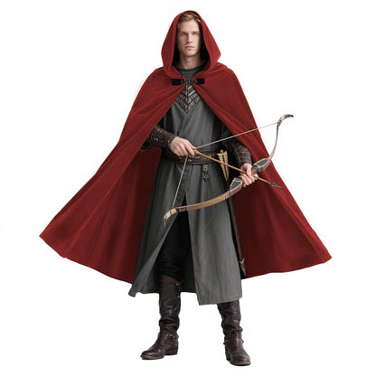 Medieval Hooded Cape with Oversized Hood, Burgundy Velvet-Like Flowing Cloak for Cosplay, Halloween, Themed Parties and Stage Performances