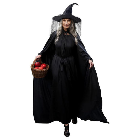 Black-2: adult black witch hat with spider-web mesh veil and full-length black cape tied at the neck, shown over a black dress (dress and basket not included)