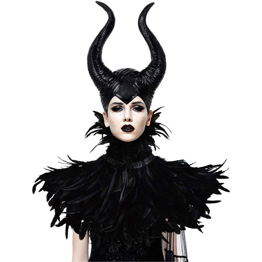 HOMELEX Evil Queen Feather Horns Costume for Women Black Cape Halloween Headpiece Shawl Accessories - HOMELEX