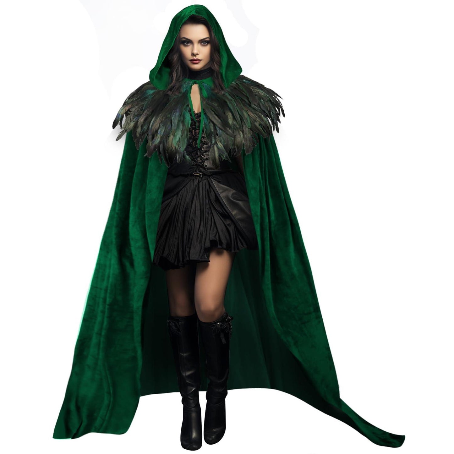 HOMELEX Unisex Solid Velvet Adult Full Length Hooded Robe Cape with Classic Gothic Feather Cloak Suit