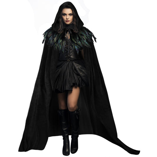 HOMELEX Unisex Solid Velvet Adult Full Length Hooded Robe Cape with Classic Gothic Feather Cloak Suit