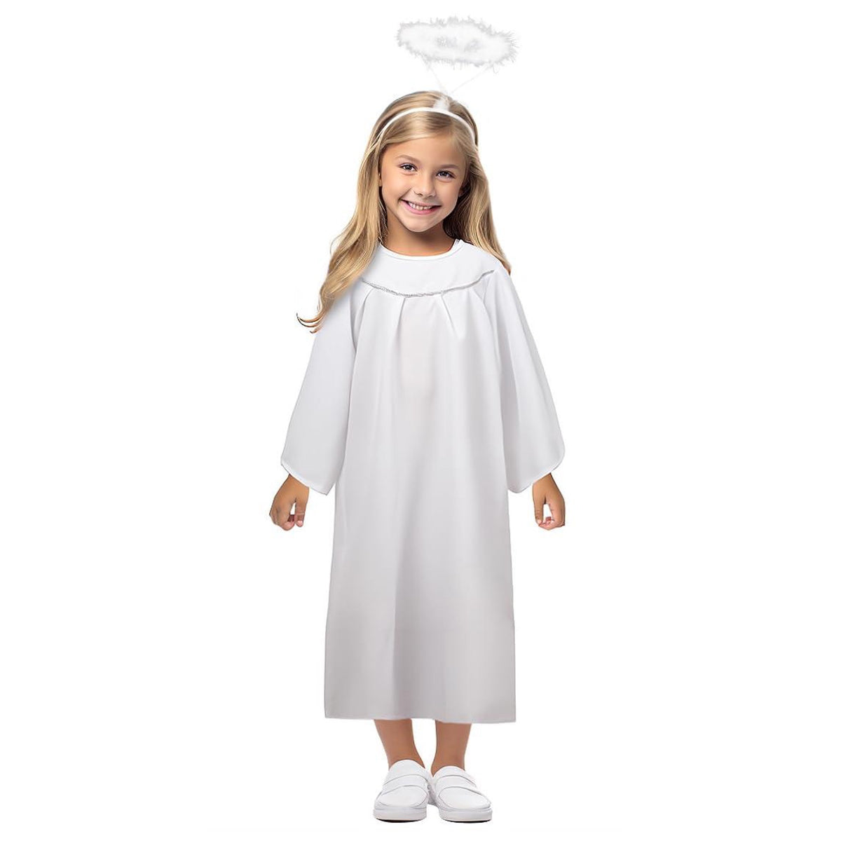 Girl wearing the kids' white angel costume: long-sleeve pullover robe with silver trim and fluffy white halo headband, front view