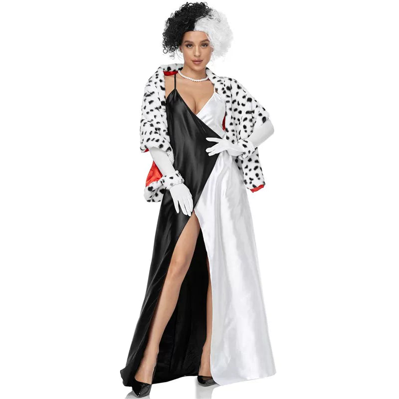 Women's Cruella cosplay costume with cape and gloves