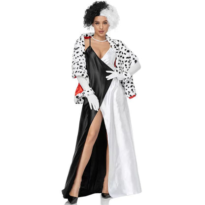 Women's Cruella cosplay costume with cape and gloves