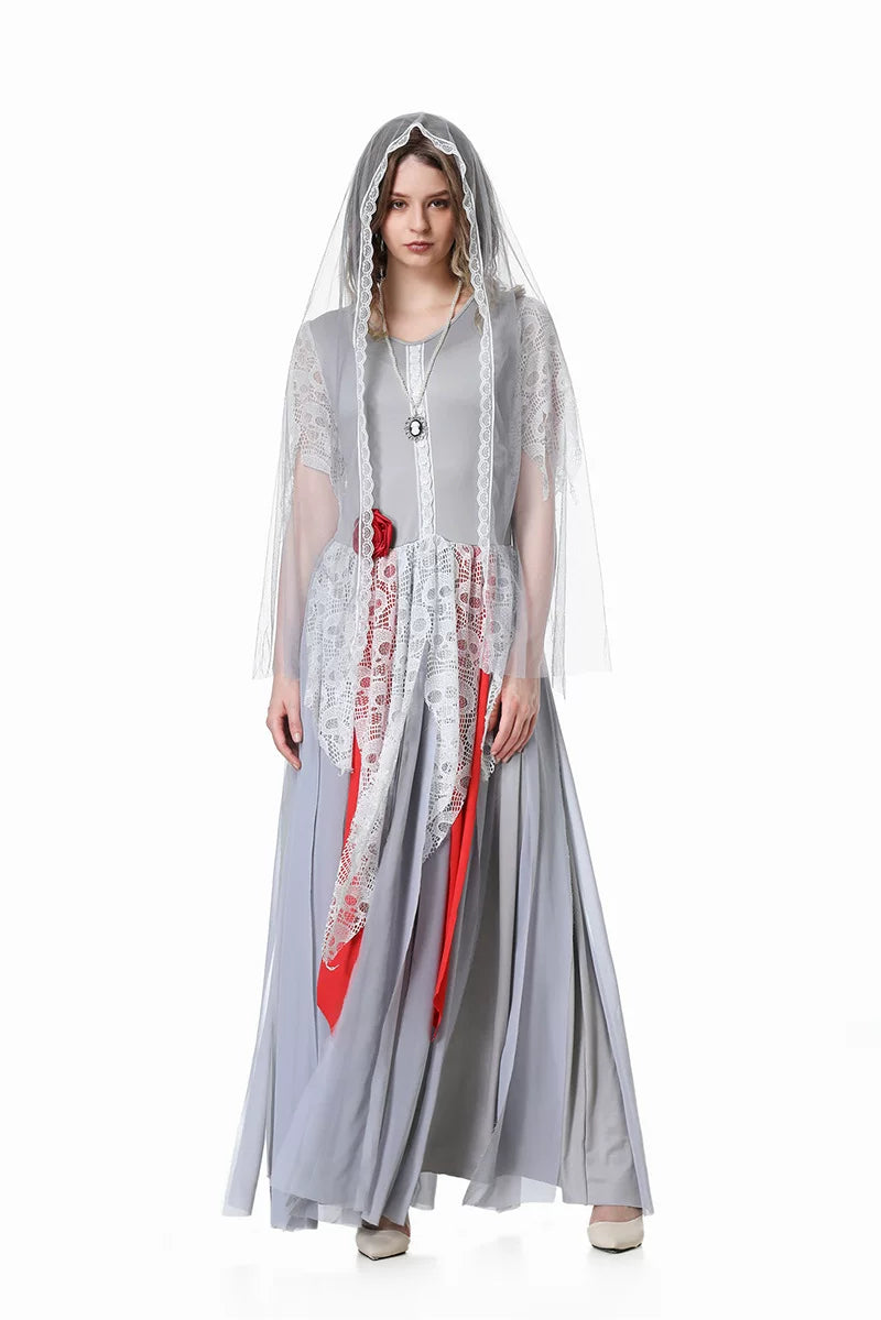 Gothic Ghost Costume with Long Veil and Lace