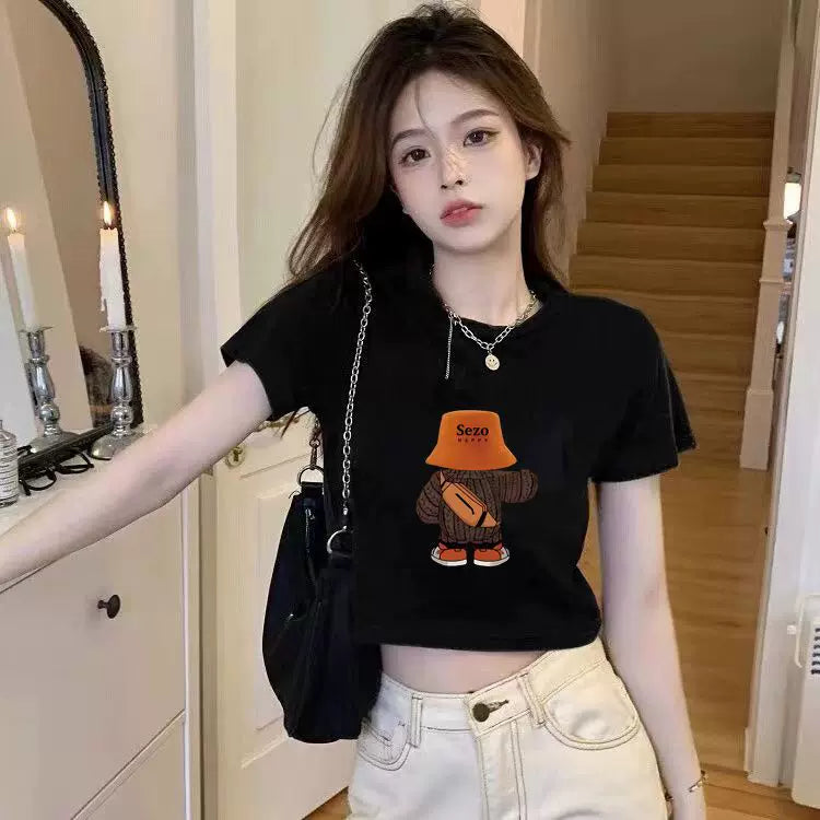 Women's Black Cropped Printed T-Shirt