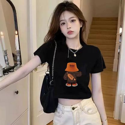 Women's Black Cropped Printed T-Shirt