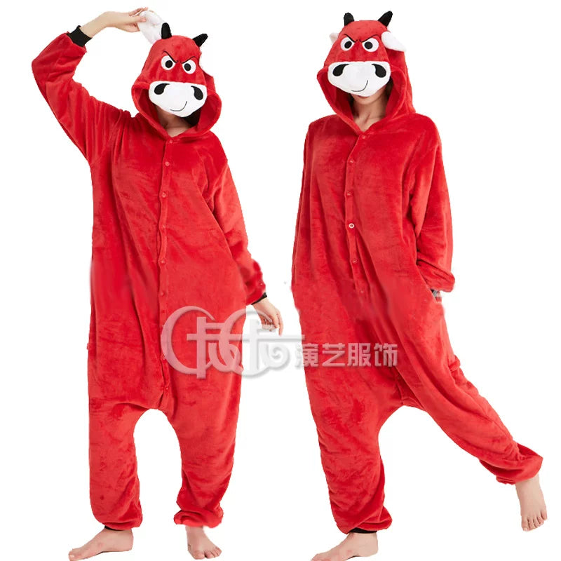 Red Plush Bull Kigurumi with Hood and Button Closure