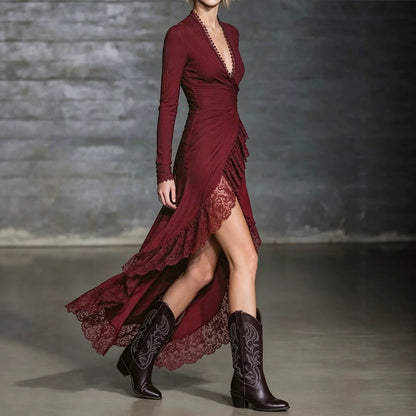 Burgundy lace ruffle maxi dress, side view with slit