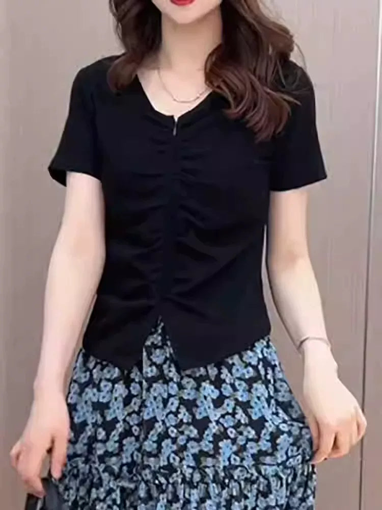 Black V-Neck Ruched Short-Sleeve Top