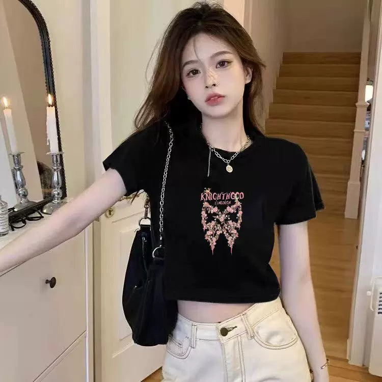 Women's Black Summer Cropped Graphic T-Shirt
