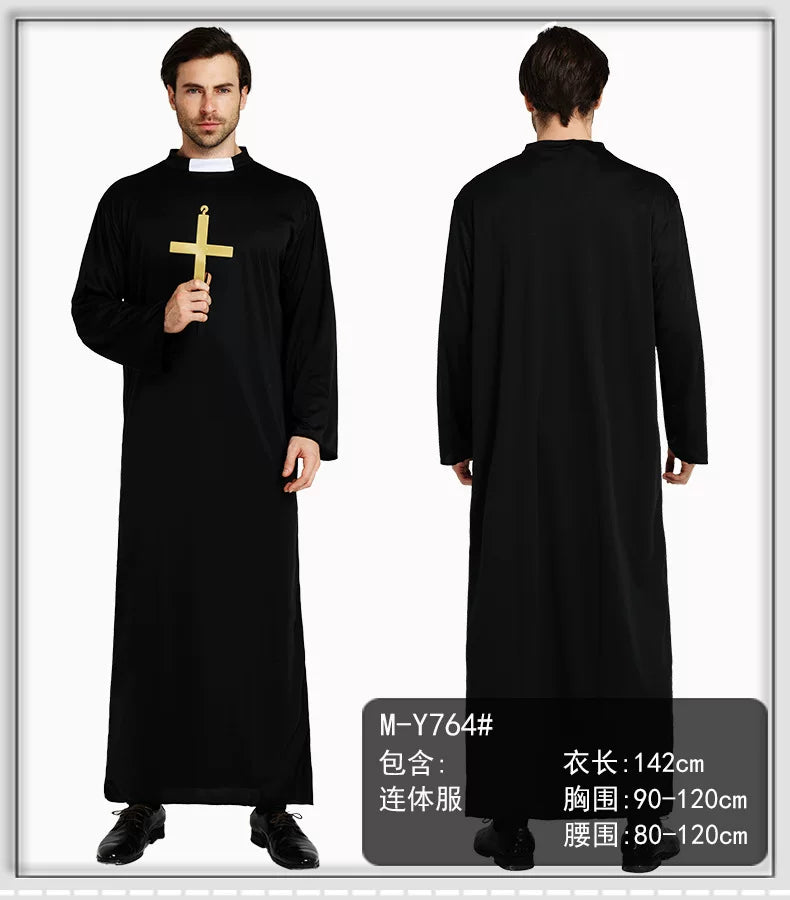 Halloween priest costume, black robe with collar
