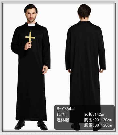 Halloween priest costume, black robe with collar