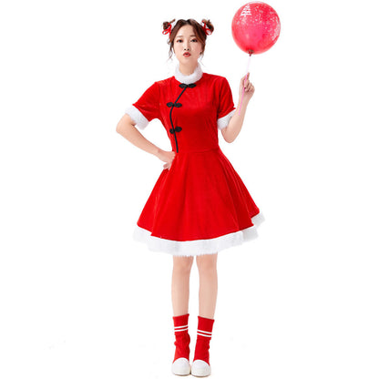 Bright festive dress in Chinese style with a cape