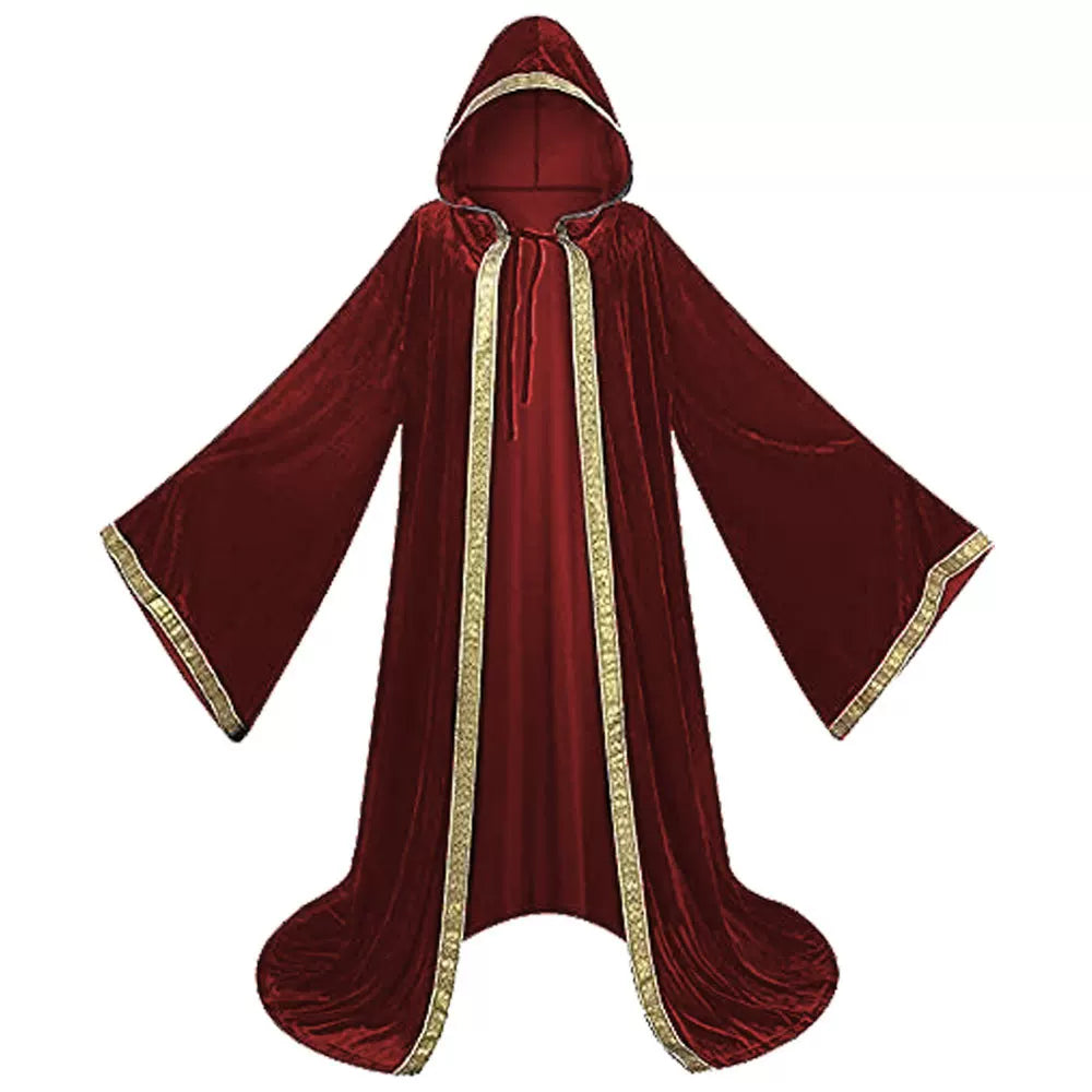 Burgundy carnival cape with hood and gold trim