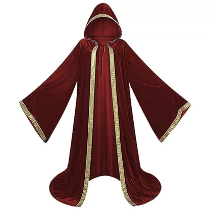 Burgundy carnival cape with hood and gold trim