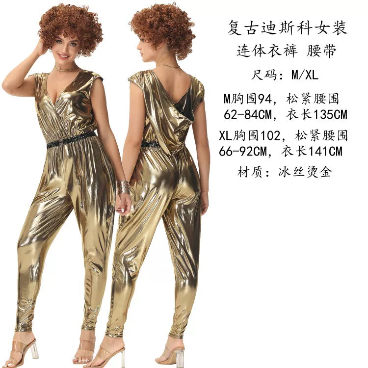 Disco jumpsuit with a deep neckline and open back