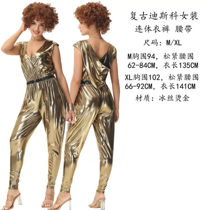 Disco jumpsuit with a deep neckline and open back