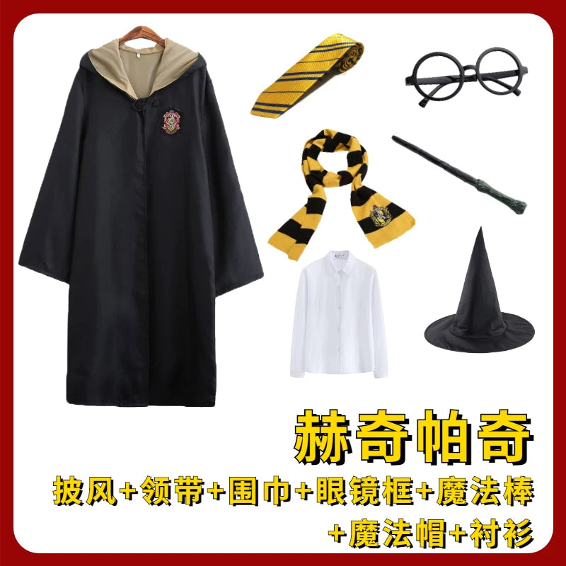 Black costume cloak with hood and accessories