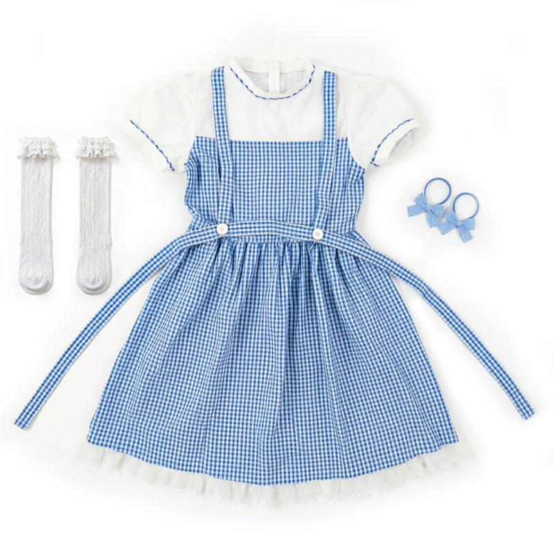 Blue and White Plaid Dress Set with Accessories