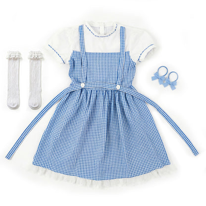 Blue and White Plaid Dress Set with Accessories