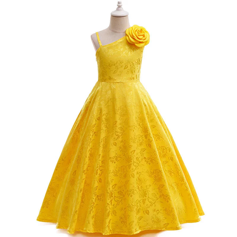 Evening Dress with Floral Print and a Rose on the Shoulder