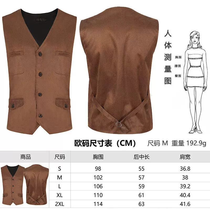Brown vest with buttons, pockets, and lacing