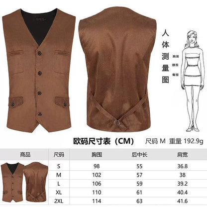 Brown vest with buttons, pockets, and lacing