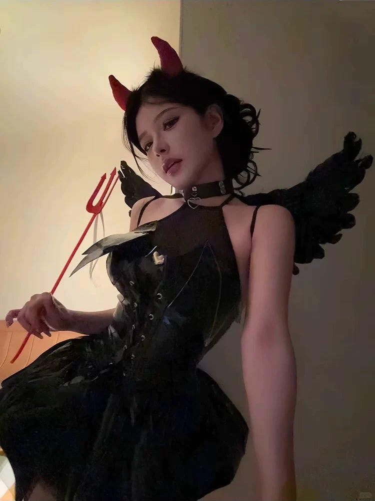 Devil costume, black mini dress, horns and choker