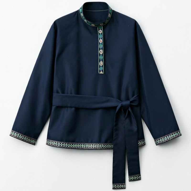 Tunic with a stand-up collar and belt, dark navy