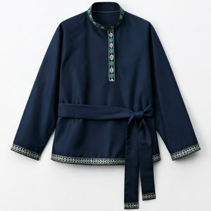Tunic with a stand-up collar and belt, dark navy